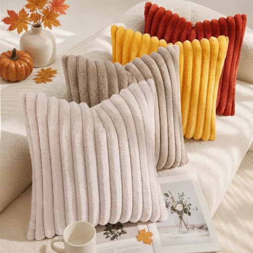 Image of decorUhome Fall Cozy Faux Fur Throw Pillow Covers 26x26 Set of 2 Decorative Soft Plush Striped Modern Farmhouse Boho Couch Euro Sham Pillow Cases with Velvet Back for Sofa Bed Living Room, Rust