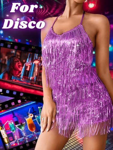 Image of Kaei&Shi Sequin Fringe Romper,Sparkly Glitter Metallic Jumpsuits For Women,Backless Shorts Dress Disco Birthday Dance Outfit