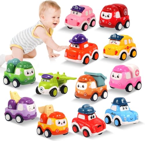 GUUMFOLL 12 Pcs Pull Back Cars Set Toys for 1 2 3 Year Toddlers Construction Vehicle Racing Car Set Baby Toys for 1 2 Year Old Boy Small Cars for Kids 1st Birthday Gift for 1-3 Year Old Boys