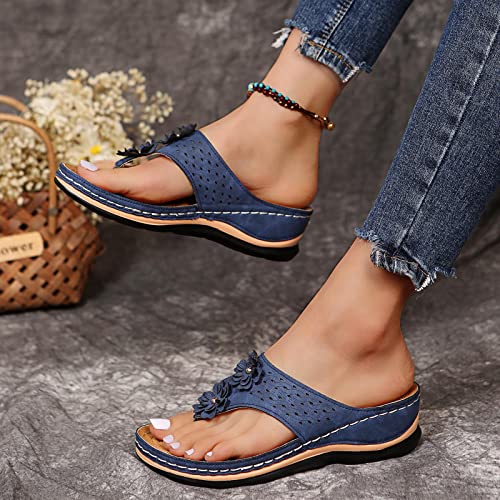 Orthopedic Sandals with Arch Support Flip Flops for Women Wedge Sandals Comfortable Walking Sandals Cushion Footbed Platform Sandals Dressy Summer Slip on Sandals Thong Sandals Casual (a-Blue, 7)2