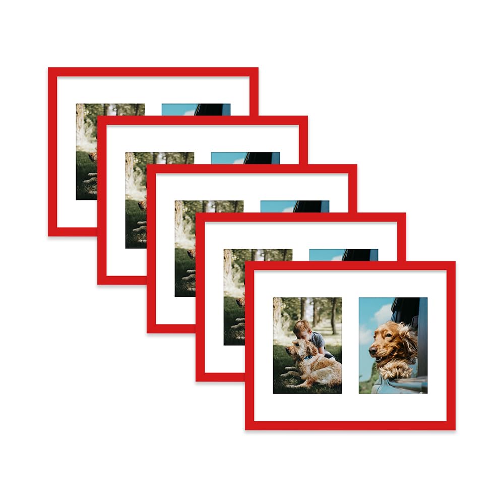 Red Multi Photo Frame - Holds 2 x 7x5 Pictures, Family Collage Picture Frame for Wall Display, 14x11 Frame size, Set of 5