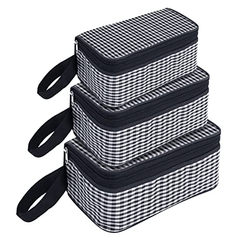 SNDIA Set of 3 Multipurpose Travel Pouch Makeup Toiletry Kit Bag Cosmetic Pouch for Women Shaving Kit Bag for Men (Grey & Black Checks, 25 L X 11 W X 14 H)