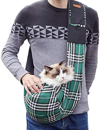 FOREYY Pet Carrier, Hand Free Sling Adjustable Padded Strap Tote Bag Breathable Cotton Shoulder Bag Front Pocket Safety Belt Carrying Small Dog Cat Puppy (Green)