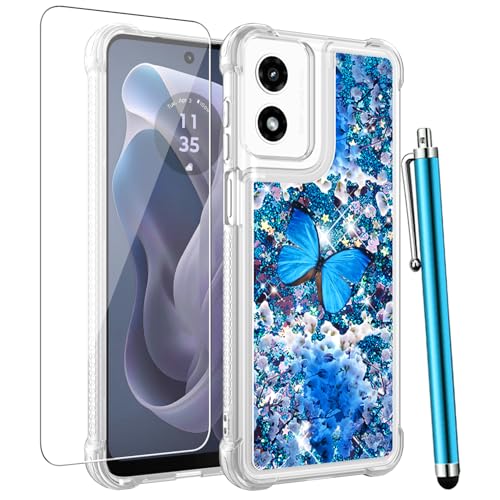 CAIYUNL for Moto G Play 2024 Case with Screen Protector, Women Girls Glitter Bling Liquid Floating Cute Phone Case Slim TPU Soft Silicone Shockproof Girly Cover for Motorola G Play 2024-Blue Butterfly