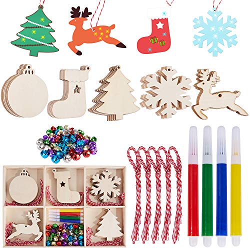 Ywlake Wooden Christmas Ornament to Paint, Unfinished Blank Wood Slices Cutouts Crafts for Kids Toddler Teens Adult DIY Christmas Tree Hanging Decor Decorations (30pcs, Gift Box)