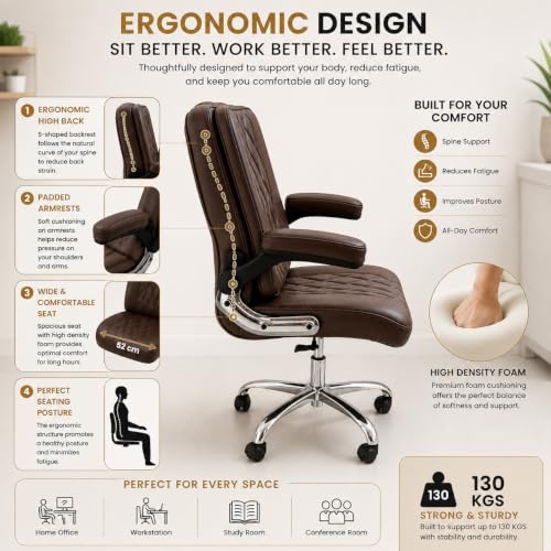 Image of Furnitures Flip Executive Office Chair with Flippable Pillow | Ergonomic Leatherette Computer Chair | Height Adjustable Revolving Chair with Chrome Base |, Dark Brown