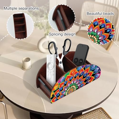 Image of DIY Diamond Painting Storage Box Mandala Design 5D Rhinestone Diamond Art Case Multi-Compartment Wooden Desktop Organizer for TV AC Remotes Makeup Brushes Pens Holder Tabletop Craft Storage