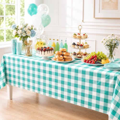 Image of WNINK 2 Pack Mint Green Gingham Tablecloths, 54 x 108 Inch Disposable Waterproof Plastic Table Covers for Rectangle Tables, Picnic, Birthday Party, Baby Shower and Celebration
