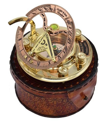 image for NETAEX Antique Brass & Copper Sundial Compass, Sundial Clock in Leathe