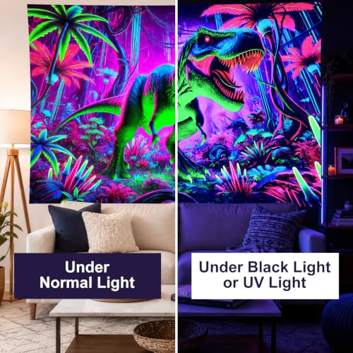 Image of BlissYard Blacklight Tapestry 78x59 Inch Neon Dinosaur Wall Hanging Glow in the Dark Jungle T Rex Poster UV Reactive Psychedelic Dinosaur Decor for Boys Bedroom Dorm Gamer Wall Art Decoration