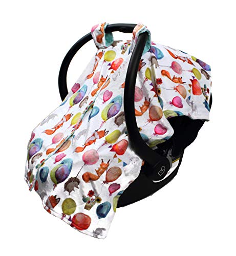 Image of Dear Baby Gear - Baby Car Seat Canopy - Infant Car Seats Covers - Carseat Canopies for Boys and Girls - Toddler Carseat Cover with Snap Opening (Forest Animals with Balloons /Opal Blue Dot 40 inchx30 inch)