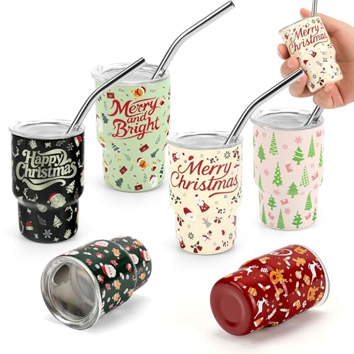 STFALI Cute Shot Glasses Set with Straw 2 oz, Mini Shot Tumblers with Lid and Straw, Kawaii Insulated Tumblers for Espresso Coffee Spirits Cute Stuff Funny Gifts (6 Pack-Christmas)