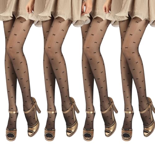 4 Pairs Womens Patterned Mesh Tights Sheer Pattern Thigh High Stockings Sexy High Waist Pantyhose Tights with Designs Bow