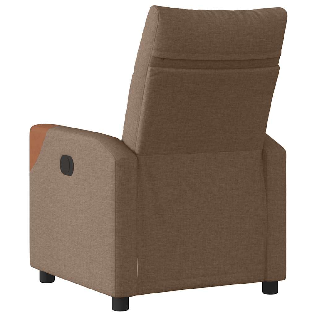 Fotel relaksacyjny elektryczny brązowy materiał z funkcją leżenia, ergonomiczny, wygodny, z podłokietnikami i oparciem z drewna, metalu, do salonu, kącika do czytania i biura