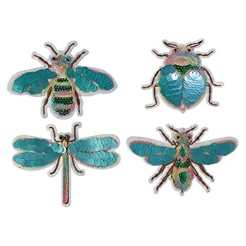EMDOMO Sequin Motifs Insects Emblems Dragonfly Bee Sticker Iron on Crystal Patches Decorative Badge 4 pieces Cover