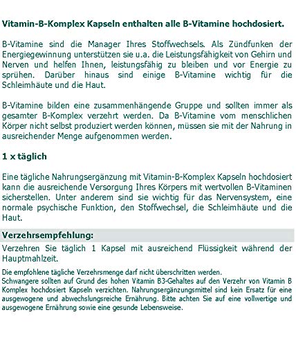 Vitamin B Komplex hochdosiert vegane Kapseln 200 Stk. - Nahrungsergänzungsmittel mit B-Vitaminen für Stoffwechsel, Nerven, Gehirn und Haut