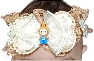 عصابة رأس دانتيل مزينة بفيونكة وزخارف أرنب، لون أبيض وبيج، مع تفاصيل لؤلؤية