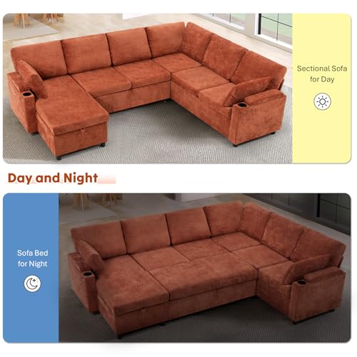 Image of 110 inch Chenille Sectional Sofa w /Pull Out Bed &Storage Chaise, Orange | Reversible U Shape Sofa w /Storage Armrests & Cup Holders, Corner Couch w /USB Charging Port & Throw Pillows for Living Room