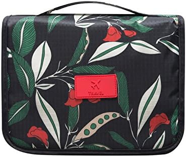 Travel cosmetic bag , hanging toiletry bag cosmetic bags makeup bags for women（black flower）