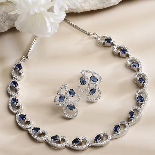 ZENEME Rhodium-Plated with Silver-Toned White Cubic Zirconia & American Diamond studded Necklace and Drop Earrings Jewellery Set for women (Image - 2)