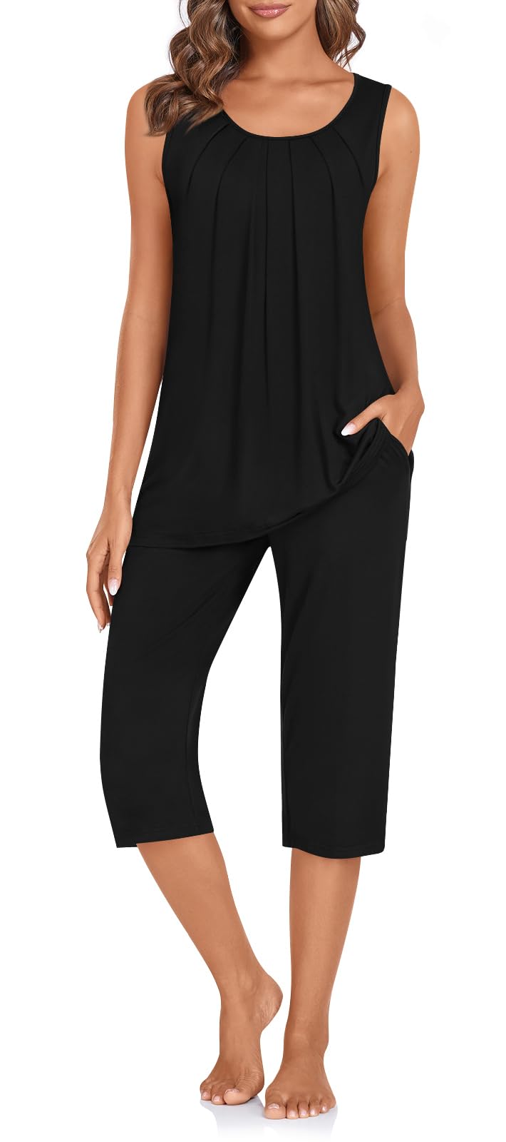 TAOHUADAO Womens Pajamas Set with Pockets Lounge Capri Pants with Sleeveless Top Ladies Sleepwear Plus Size Pjs Set