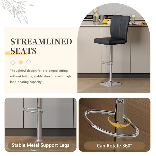 Image of Swivel Bar Stools Set of 4 - Black Barstools with Back,Adjustable Counter Height Bar Stools with Sturdy Metal Legs,Leather Counter Height Stools Ideal for Kitchen Island Pub(25''-33''H)