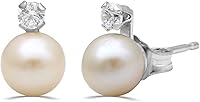Vista 2 de Jewelili Aretes de plata de ley de 0.217 in con perlas redondas y circonita cúbica redonda de 0.098 in, Circonita cúbica Perla, Perla