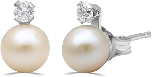 Miniatura 2 de Jewelili Pendientes de tuerca de plata de ley con perlas redondas de 0217in y circonitas cúbicas redondas de 0098in Perla nácar
