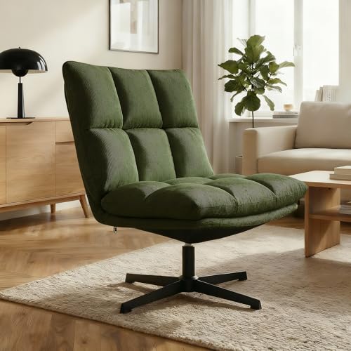 Sicaan Fauteuil pivotant 360° Velours côtelé Kaki - Assise Large Confortable Salon Bureau - 92x66x79 cm - Pied métal Noir Stable - Collection TAO Design Moderne élégant