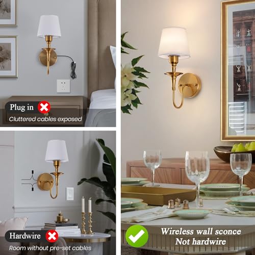 Image of EIDISUNY Vintage Wall Sconces Set of 2, Wireless Wall Lamp with RGB Rechargeable Dimmable Bulbs, Brass-Color Battery Operated Wall Sconce with Remote for Bedroom, Living Room, Hallway Bulbs Included