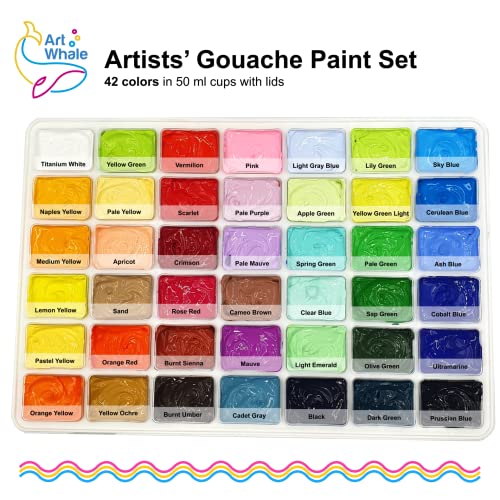 Art Whale Gouache Paint Set 42 Colors 50 Ml, 1.7 Fl Oz Cups With Lids In A Carrying Case Water-Based Paint Set For Painting On Canvas, Paper, Wood - Art Supplies For Adults, Students, And Kids #TOP1
