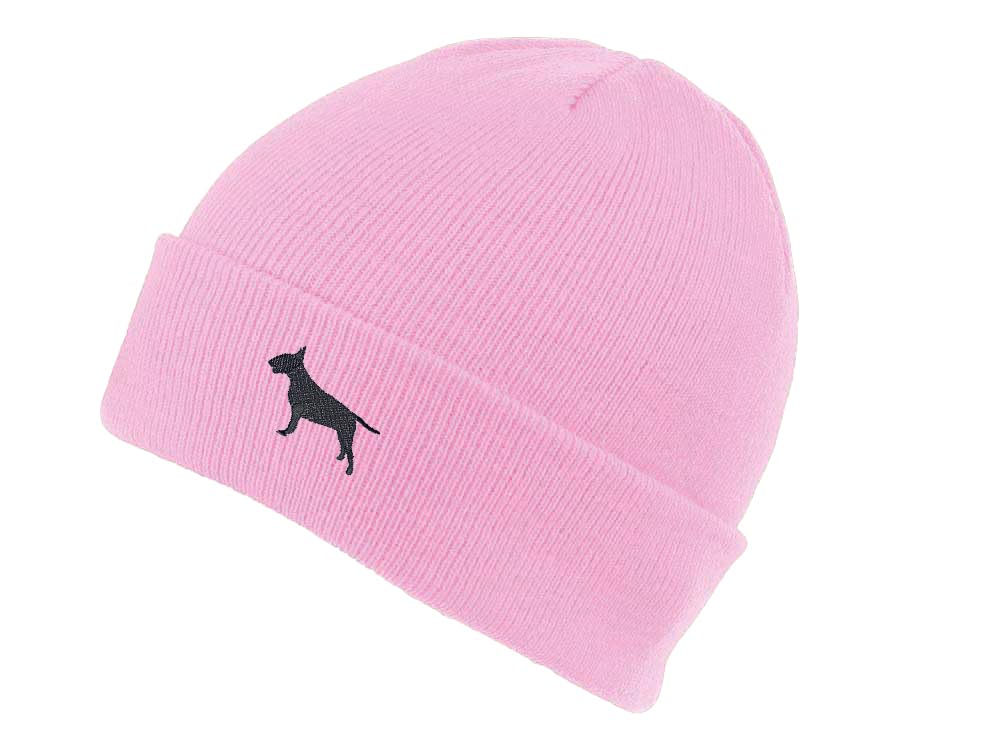 The House Of Dog: Bull Terrier Owner Gift. Classic Cuffed Unisex Beanie Ski Hat with Embroidered Design. Pink