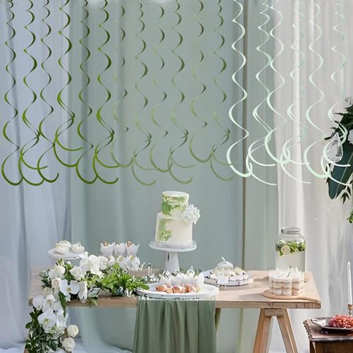 Image of 36Pcs Olive Green Hanging Swirl Decorations Ombre Sage Green Felt Swirl Streamer Spiral Ceiling Garland for Neutral Birthday Wedding Engagement Safari Jungle Woodland Party Supplies