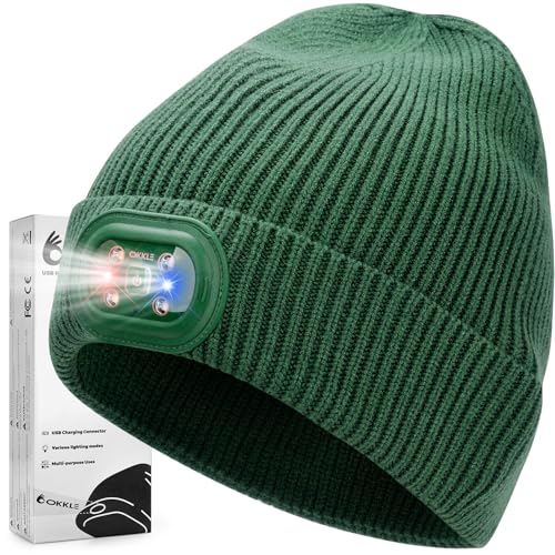 OKKLE Mütze mit Licht, USB-aufladbare LED-Haube mit 6 ultrahellen Lichtern & 3 Modi, Wärmende Stirnlampe für Outdoor, Camping, Nachtläufe, Männer...