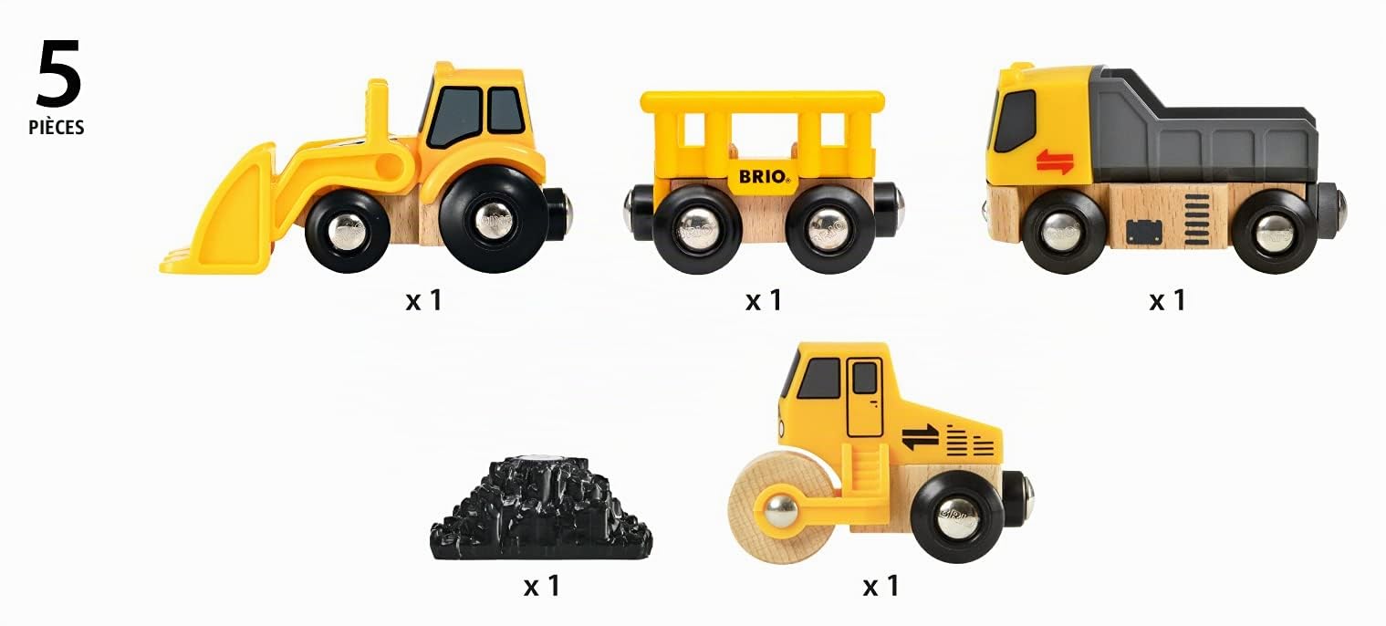 BRIO World - 33658 - Coffret de 3 engins de Chantier - pour Circuit de Train en Bois - Camion Benne/Rouleau compresseur/Chargeur - Jouet pour garçons et Filles dès 3 Ans