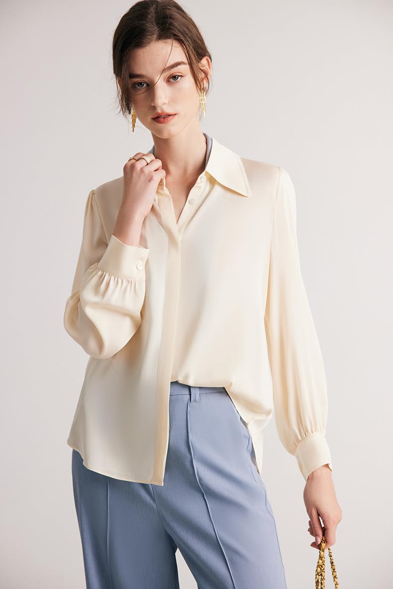 Camisa de Seda Color Crema con Botones para Mujer