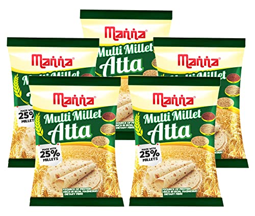 Image of Manna Multigrain Atta /Multi Millet Atta 5Kgs (with millets Flour) | Certified Low GI Wheat Flour with 25% Millets | High Protein & Fibre | Diabetic Friendly (5 X 1Kg Packs)