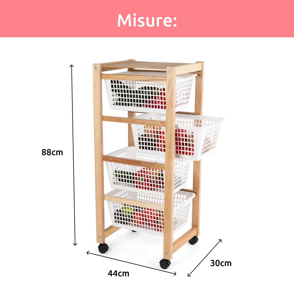 Compactor Carrello con Ruote Portatutto in Faggio con Cesti in Plastica – Carrello Cucina Mobile Salvaspazio 30x44x88 cm