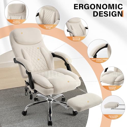 Image of 500LBS Massage Office Chair, 6 Points Vibration & Heat Executive Office Chairs, 135Reclining Comfy Desk Chair with Foot Rest, Wider & Thicker Seat Cushion, Fabric Big and Tall Gaming Chair, Beige