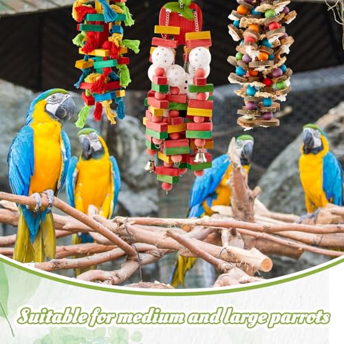Image of Seenelling 3 Pcs Extra Large Bird Toys for Parrots, Block and Ball | Multicolored Natural Wooden Blocks & Beads Bells, Bird Cage Chewing Toys for Large Medium Macaws African Grey Cockatoos