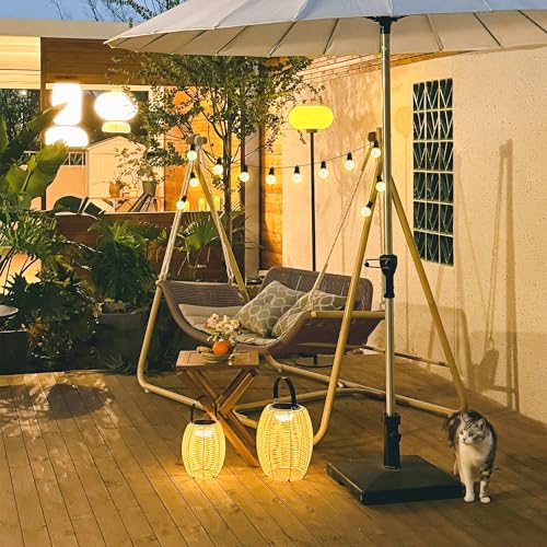 Image of PURPLE LEAF 2 Seat Porch Swing with 12 White LED Lights Outdoor Hand-Woven Rattan Hanging Cloud Swing Chair for Indoor Backyard Garden Patio Hammock Swinging, Cushion and Pillows Included