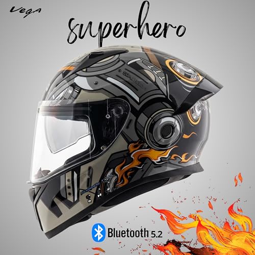 Image of Vega Bolt Superhero Smart Bluetooth Full-Face Helmet - Advanced Safety, Shockproof, Aerodynamic, Premium Comfort Black Grey M