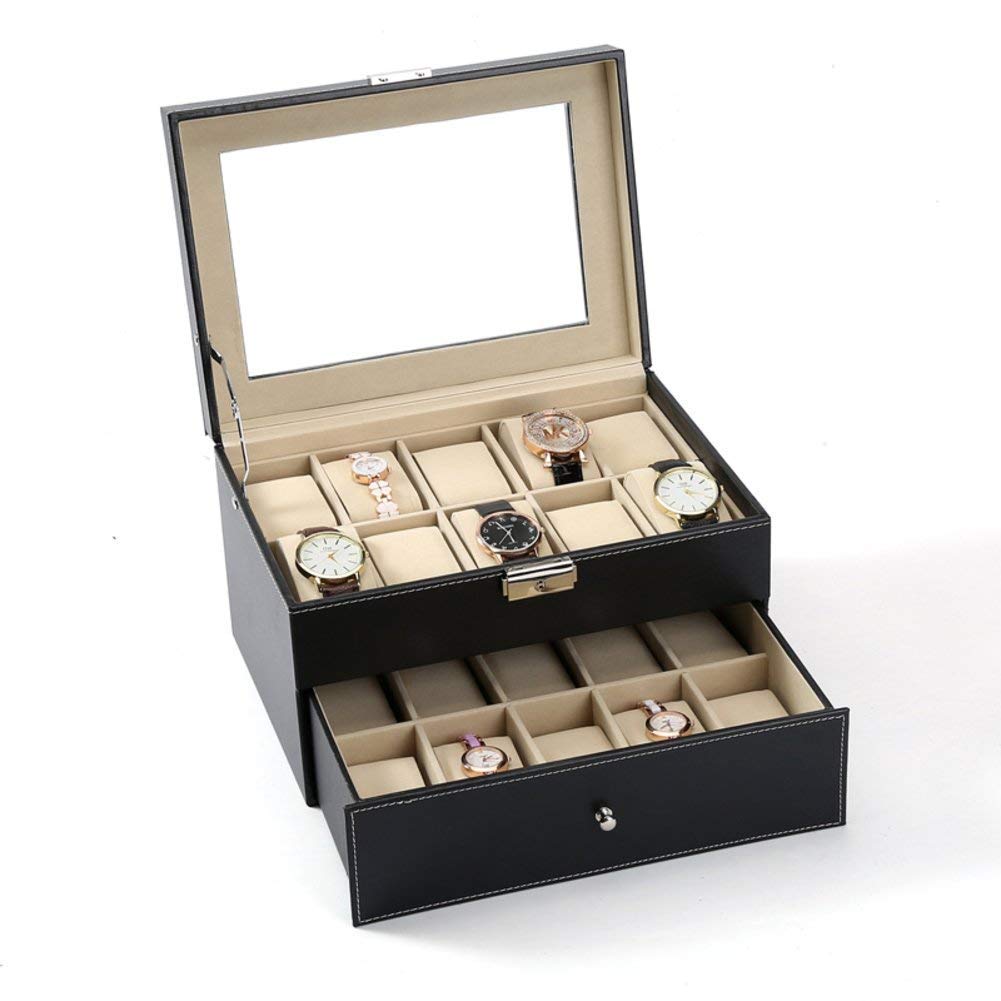 UK Enterprise PU Leather 20 Slots Watch Case for Men Women Double Layer Watch Box Organizer with Large Capacity(Black Color) (B09GVYK4RK) Amazon Price History, Amazon Price Tracker