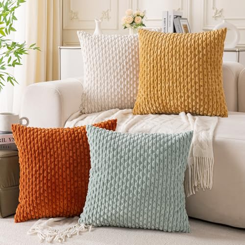 Set of 4 Yellow Rust Aqua Decorative Throw Pillow Covers 22x22 Inch Corduroy Pillow Covers for Bed Couch Sofa Living Room Soft Square Cushion Cases