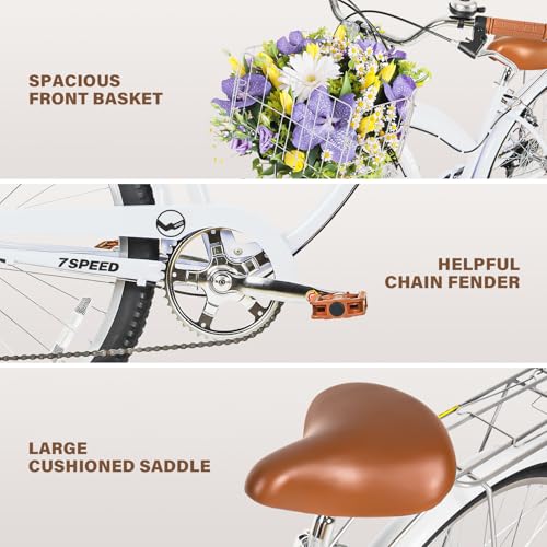 Image of WEIZE Beach Cruiser Bike, 26 inch Commuter Bicycle for Adult Men and Women, 7-Speed /High-Carbon Steel /Front & Rear Fenders, Comfortable City Bikes with Rear Rack&Basket, Ergonomic Upright Design,White
