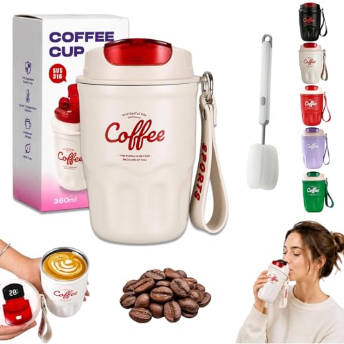 Image of Coffee Vacuum Flask, 12oz Durable Insulated Tumbler Built-in LED Temperature Display, 316 Stainless Steel Travel Coffee Mug for Home, Office, And Outdoor Use (Smart temperature display-White)