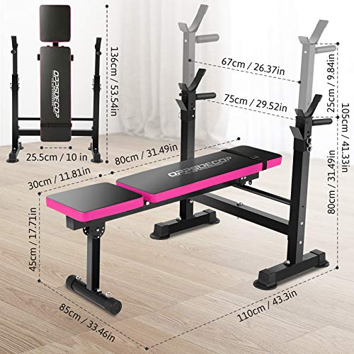 Folding Adjustable Weight Bench with Barbell Rack, Multi-Function Strength Training Adjustable Benches for Fitness Exercise and Strength Workout (Pink)