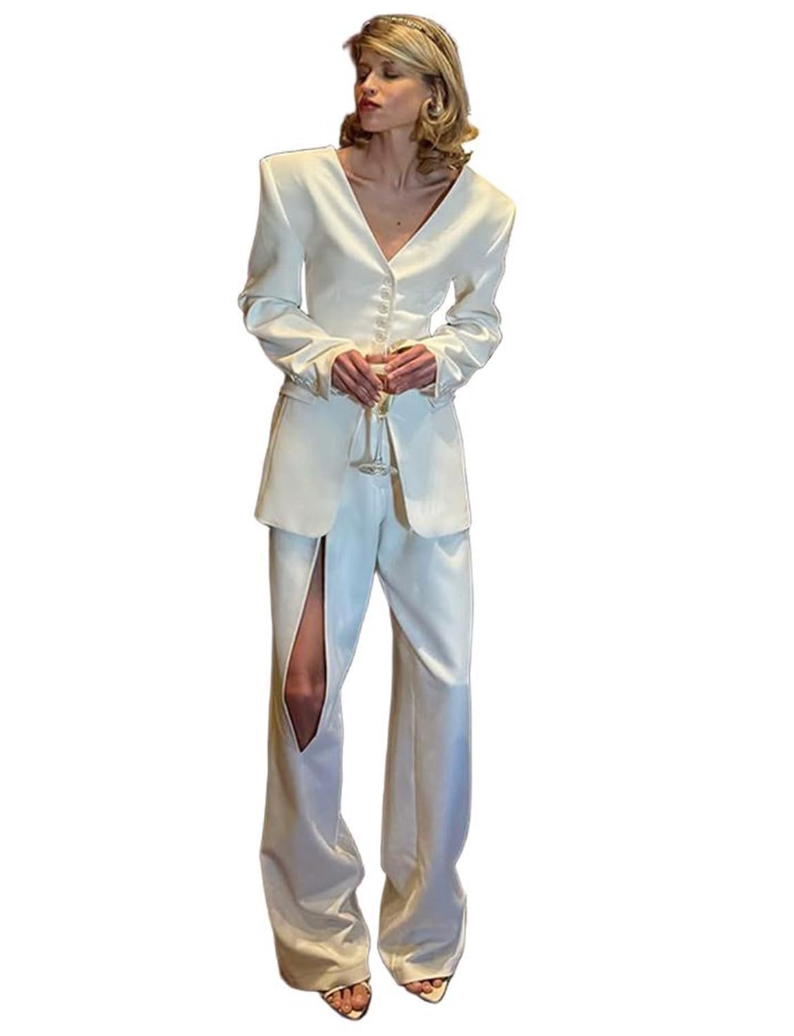 Womens V-Neck Suit Single Breasted Button Jacket Pants Backless Tuxedos for Meeting Christmas
