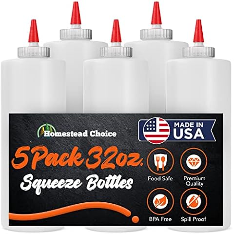 Homestead Choice Made in USA Condiment Squeeze Bottles 32 OZ, 5 Pack Squirt Bottles for Sauces Liquids BPA Free Condiment Bottles with Cap Ketchup, Syrup, Oil, Dressings, Honey, BBQ, Arts Crafts Cover