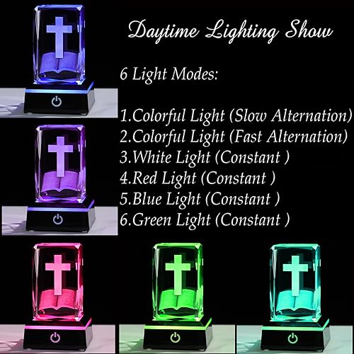 Image of Qianwei 3D Crystal Cross Bible Figurine with Colorful Light Base, Laser Engrave Religious Gifts for Women Man Christian Gifts for Friend Sister